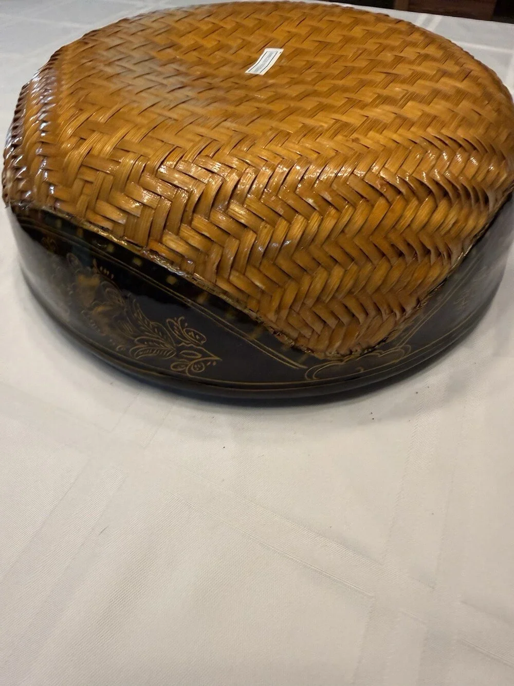 VTG Vietnam Black Lacquer Basket Woven Bamboo Lidded Box Gold Gilt Stamped